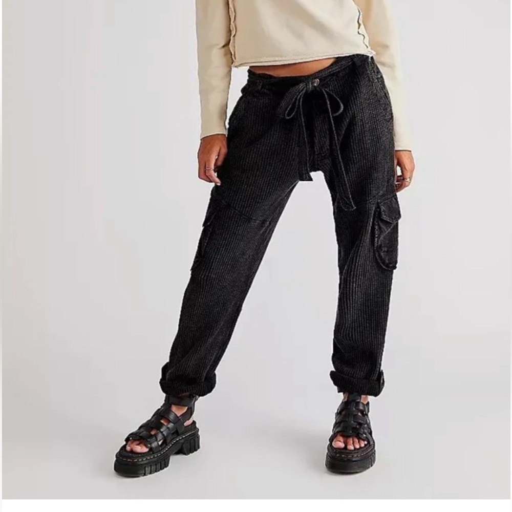 Free People FP One Frankie Waffle Knit Thermal Cargo Black Slouchy Pants